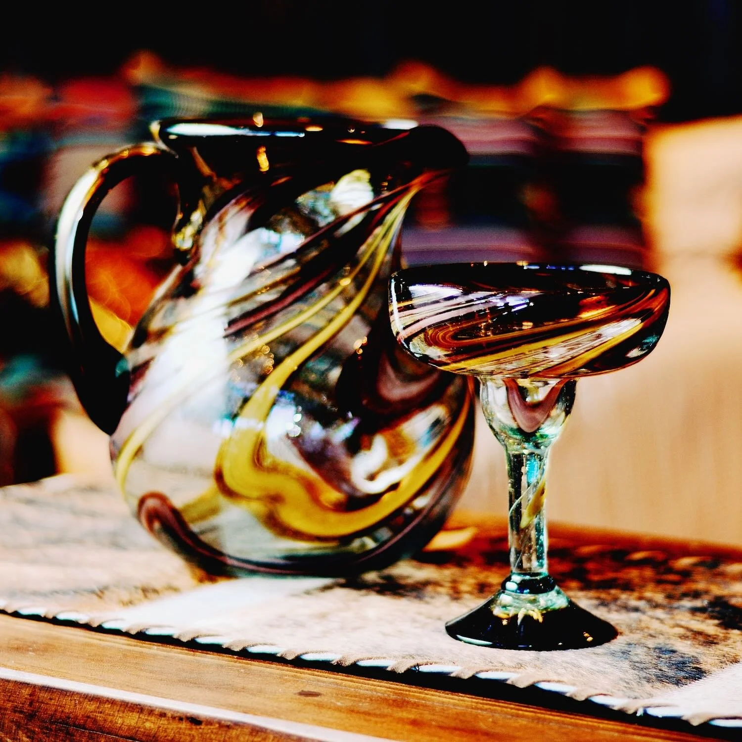 Oro y Morado Handblown Pitcher & Margarita Glass Set