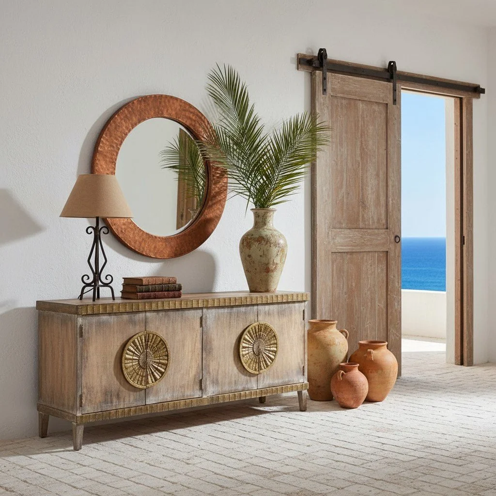 Handmade Peruvian Sebastiana Buffet with distressed warm finish, black accents, and carved gold handles
