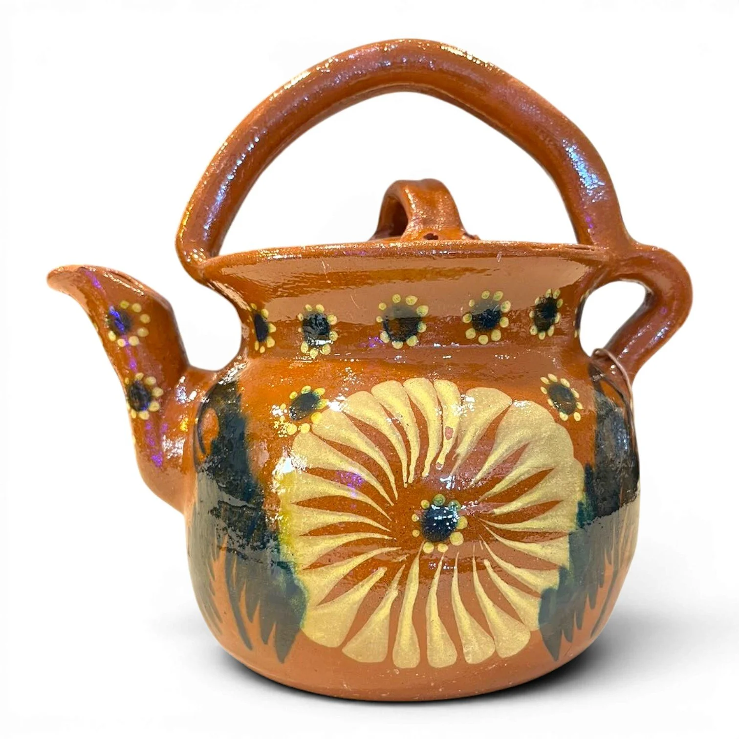 Handmade Mexican Cafetera de Barro clay coffee and tea pot with hand-painted floral design and glazed finish.