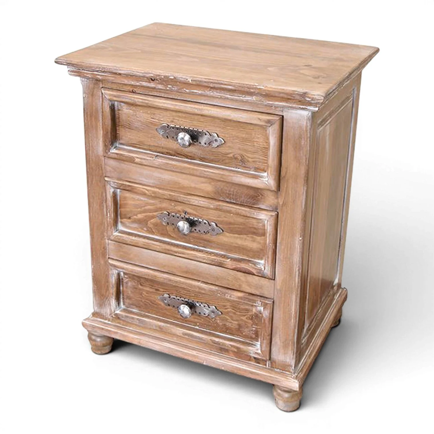 Handmade Mexican Arenas Blancas three drawer nightstand with coastal white washed finish and iron hardware