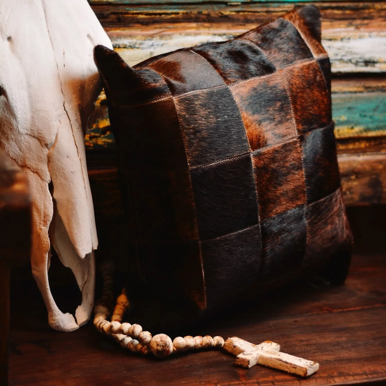 Handmade Brazilian Tombstone Pillow featuring cowhide and leather Western design, 18x18 decorative throw pillow.