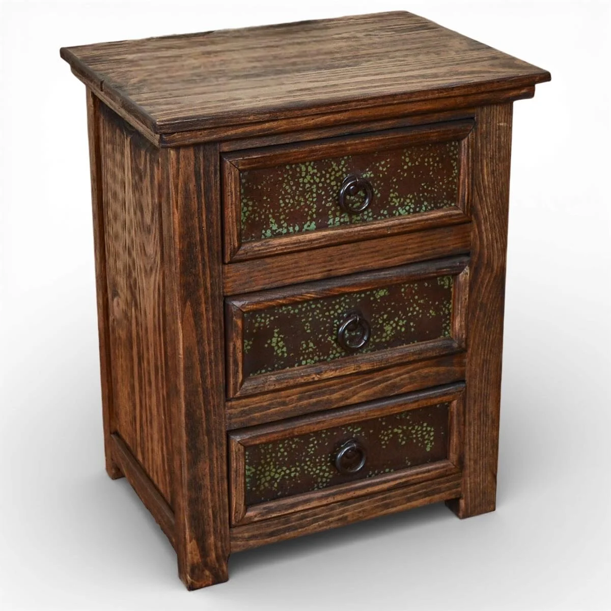 Handmade San Felipe wood top nightstand with solid wood construction, three drawers, iron hardware, and carved rustic detailing crafted in Mexico.