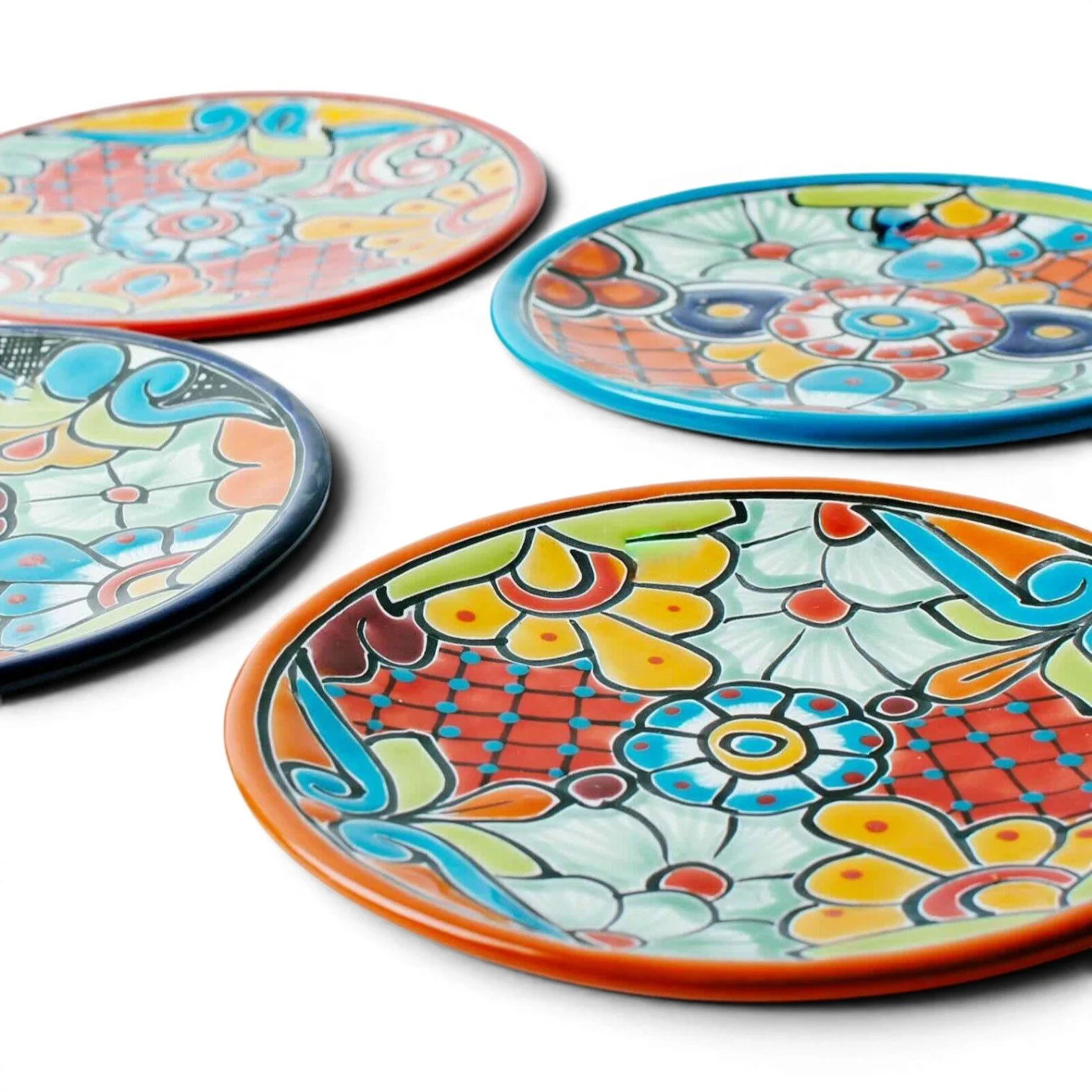 Handmade Mexican Talavera 8-inch dinner plate with colorful hand-painted design and assorted rim colors