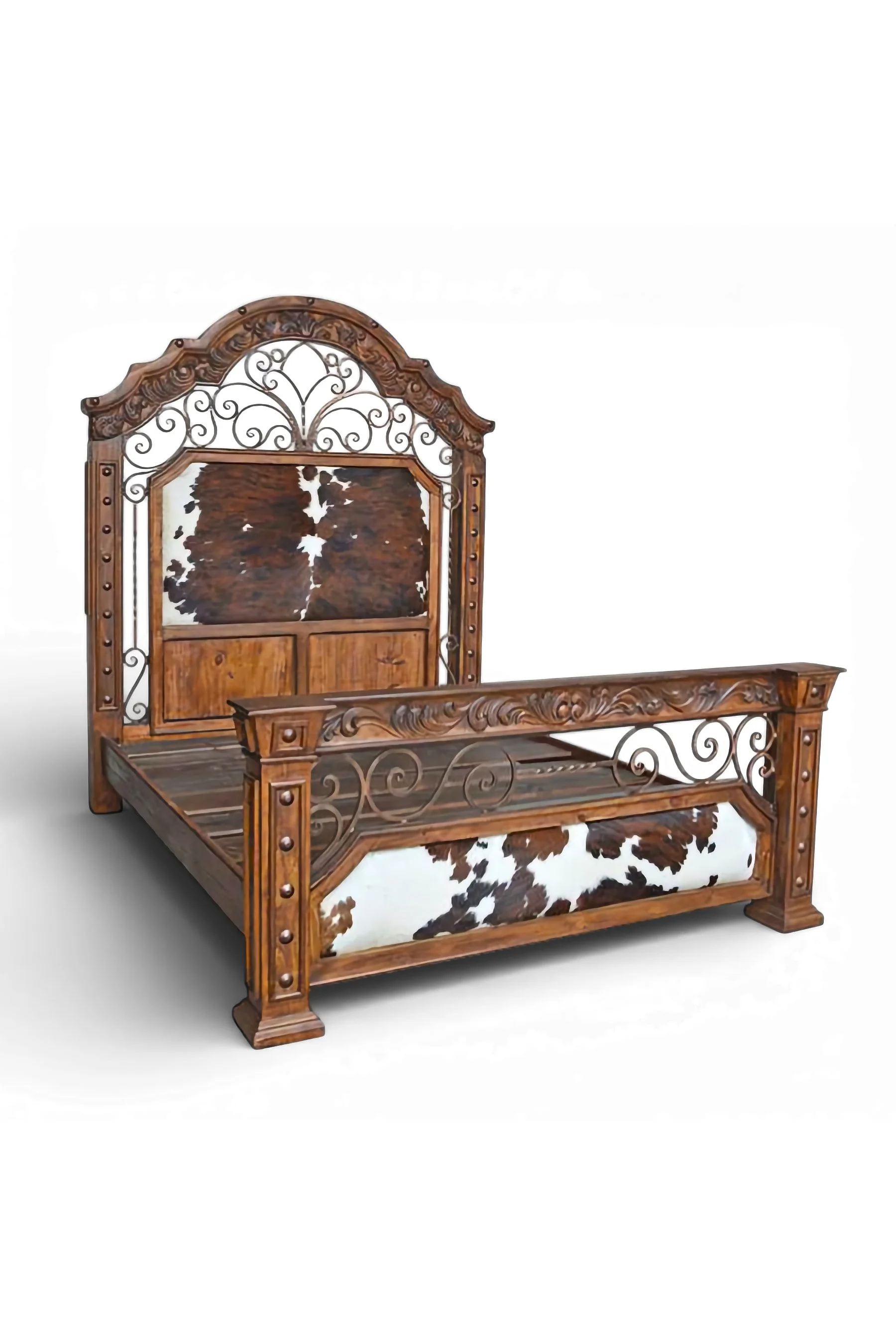Shop a handmade cowhide and iron bed from Mexico. Rustic hacienda-style bed with carved wood, clavos accents, and premium materials.