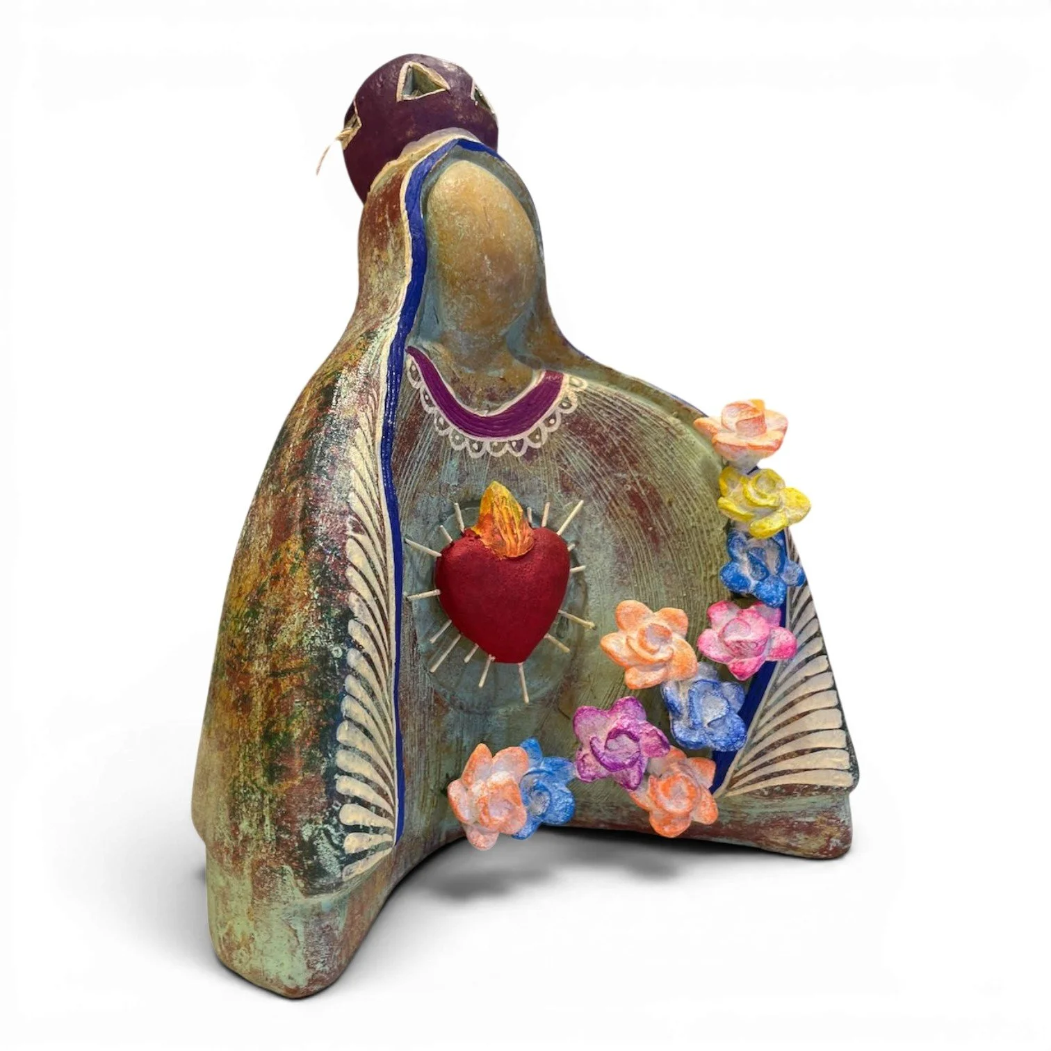 Handmade Mexican clay sculpture of the Virgin Mary with Sacred Heart and flowers