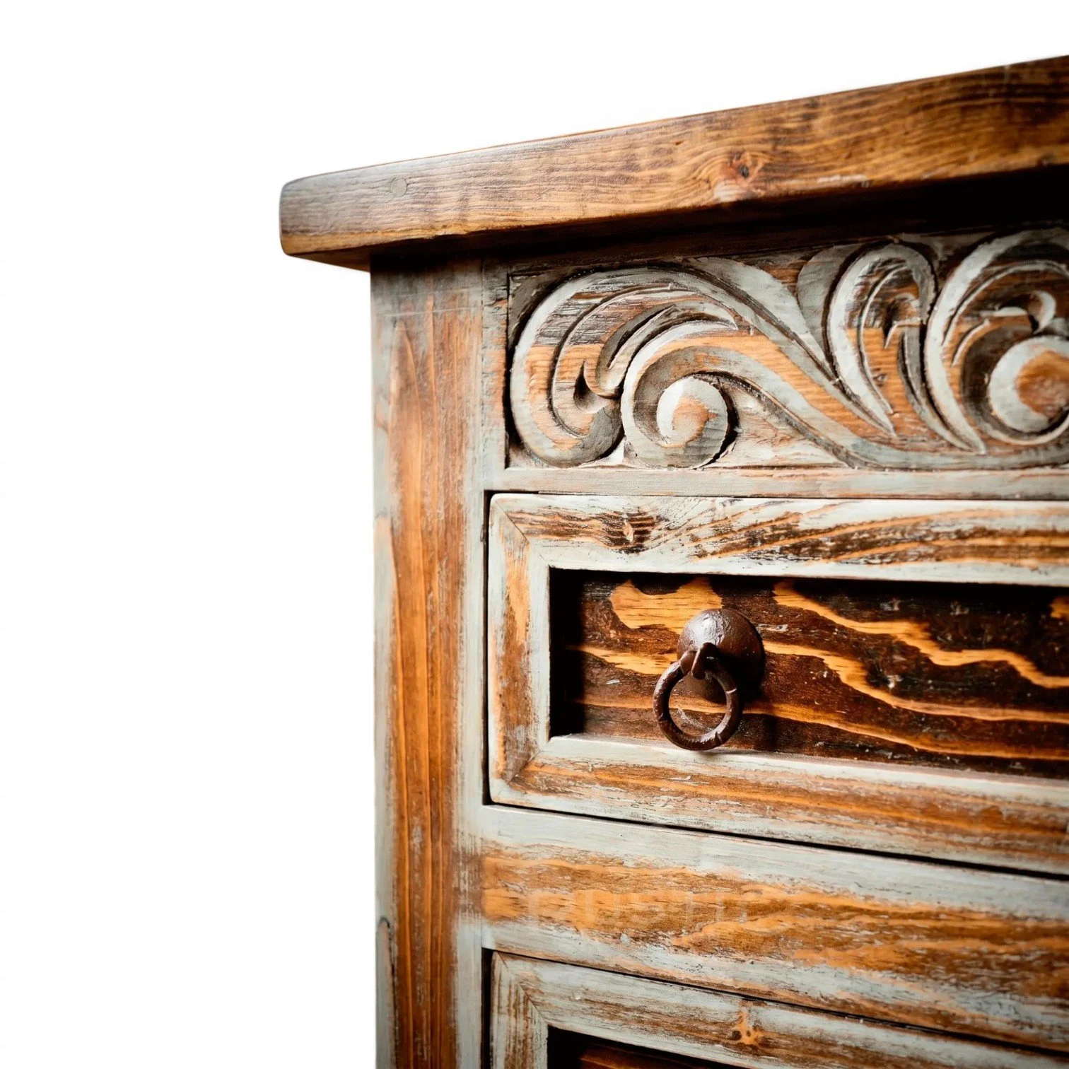 Las Conchas handcrafted Mexican reclaimed wood nightstand with white wash finish, hand-carved details, and iron hardware