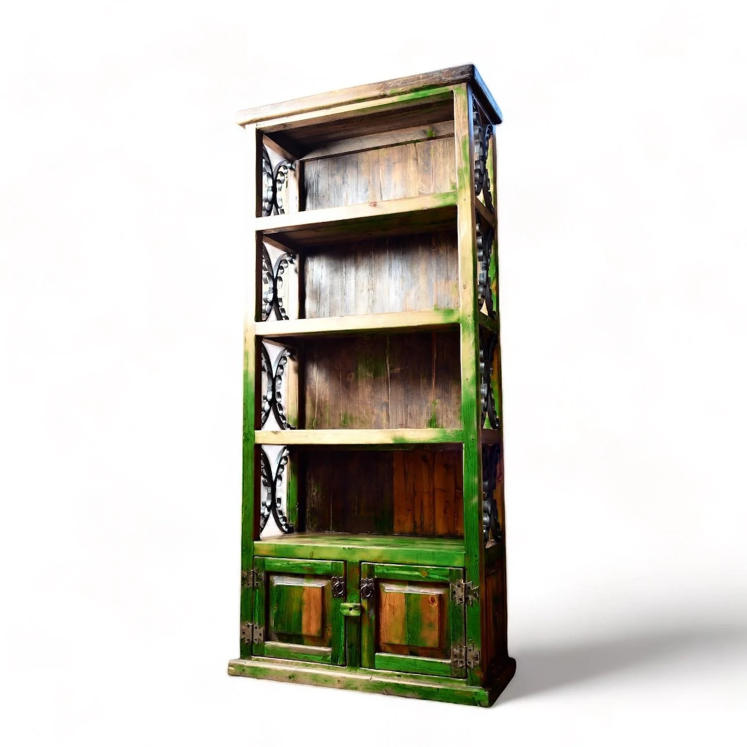 El Rosarito handcrafted Mexican reclaimed wood and wrought iron bookcase with rustic open shelving