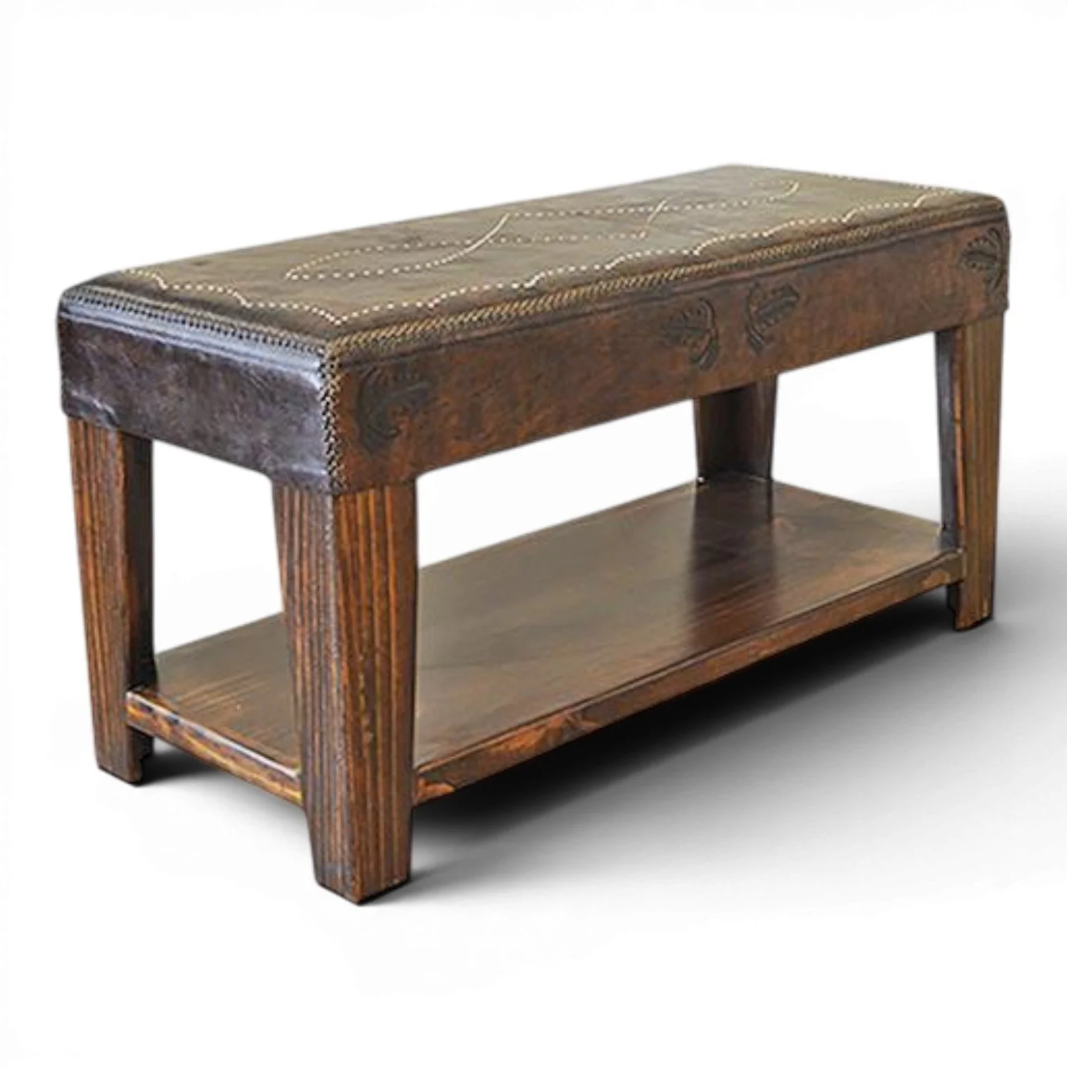 Handmade Mexican stitched leather bench with solid wood frame