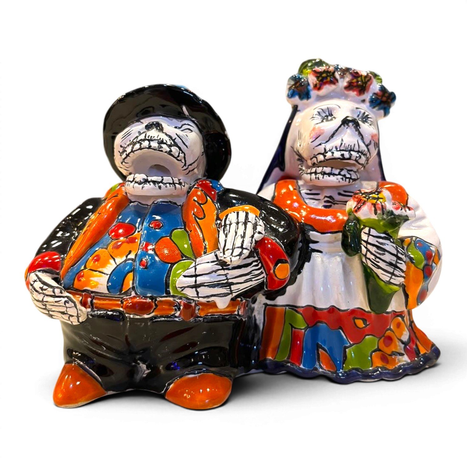 Handmade Talavera figure of an elderly catrín and catrina couple, vibrant hand-painted colors