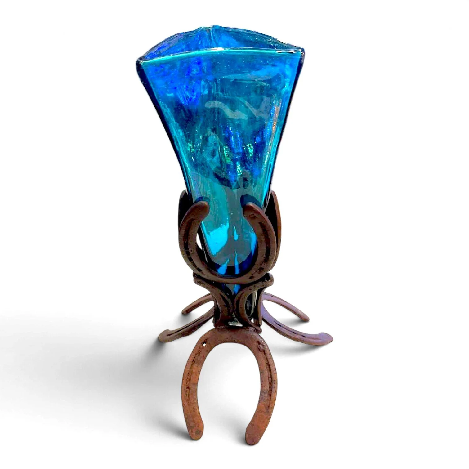 Handmade horseshoe candelabra with turquoise hand-blown glass candle holder