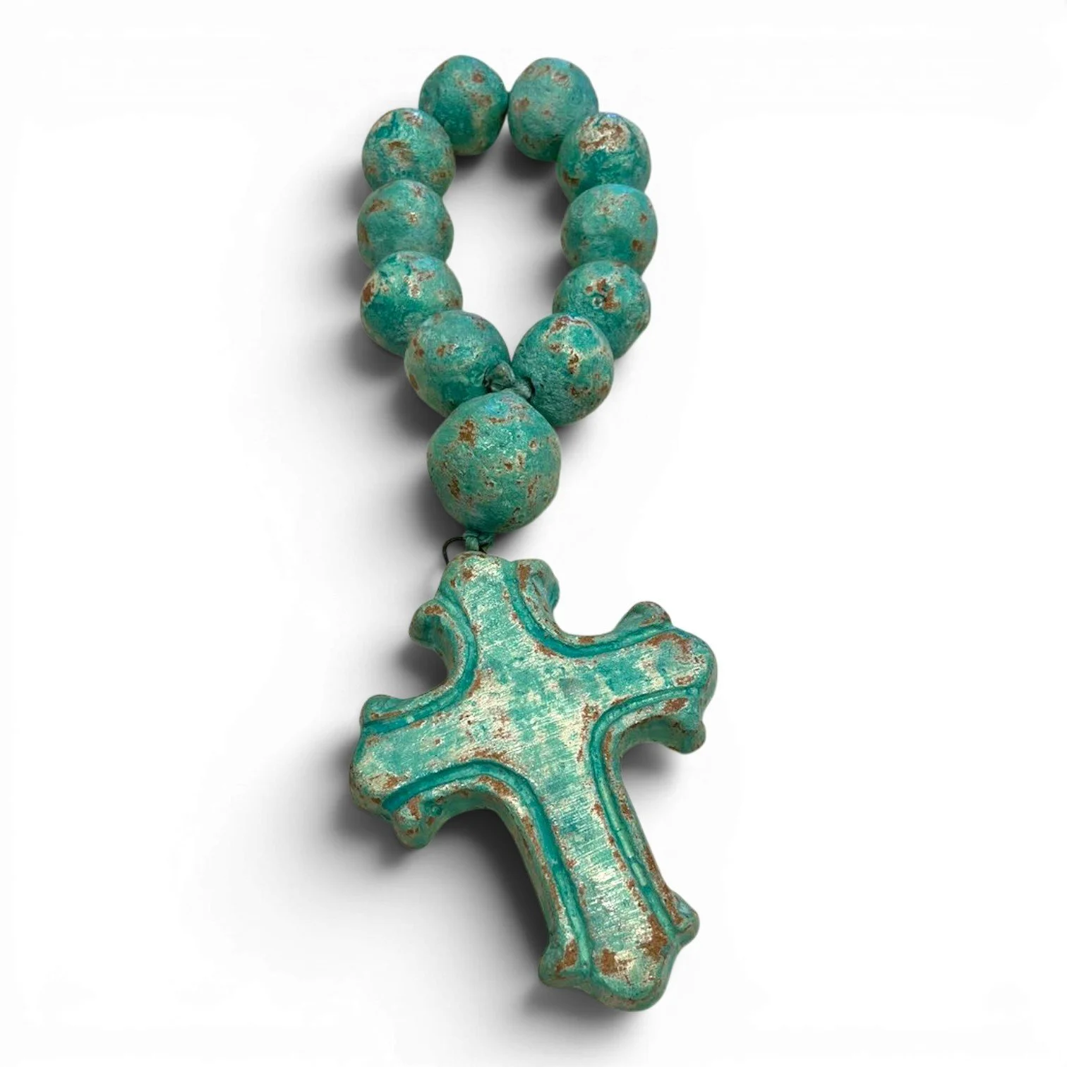 Handmade clay Rosario Corto decorative rosary with distressed white, turquoise, and blue finish crafted in Mexico.