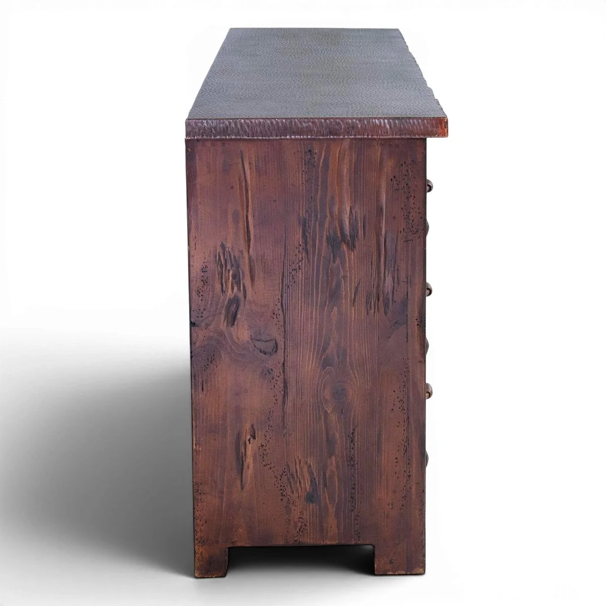 Handmade Cheyenne Cobre Live Edge dresser with hand-hammered copper live edge top, reclaimed wood frame, and six drawers crafted in Mexico.