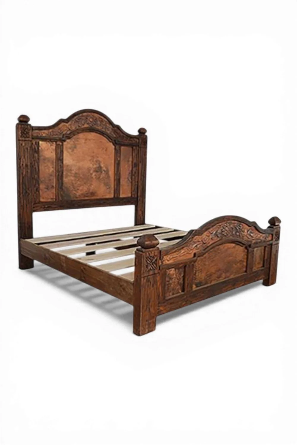 Shop a handmade copper bed from Mexico. Rustic wood frame with embossed copper panels and artisan craftsmanship for elegant bedrooms.