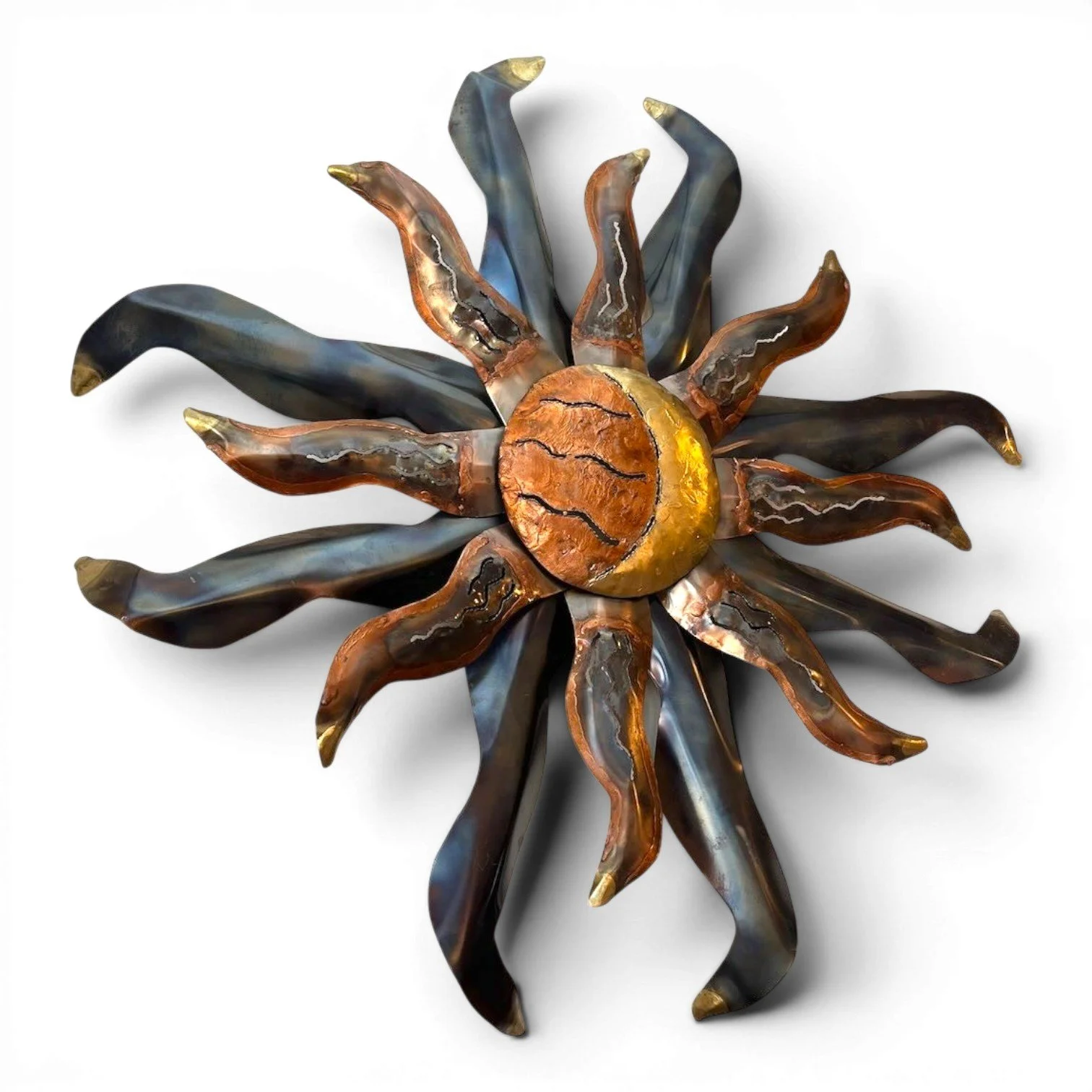 Handmade copper sun wall art from Mexico with radiant sunburst design and rustic metal detailing.