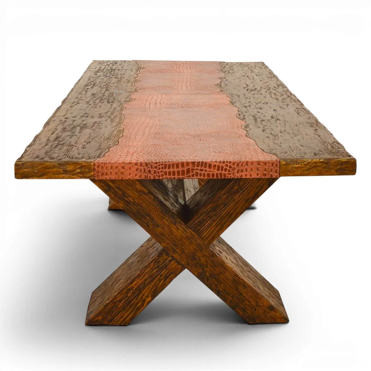 Artesia Leather Dining Table handcrafted in Mexico with reclaimed wood top, crocodile-embossed leather inlay, and X-base design seating up to 10.