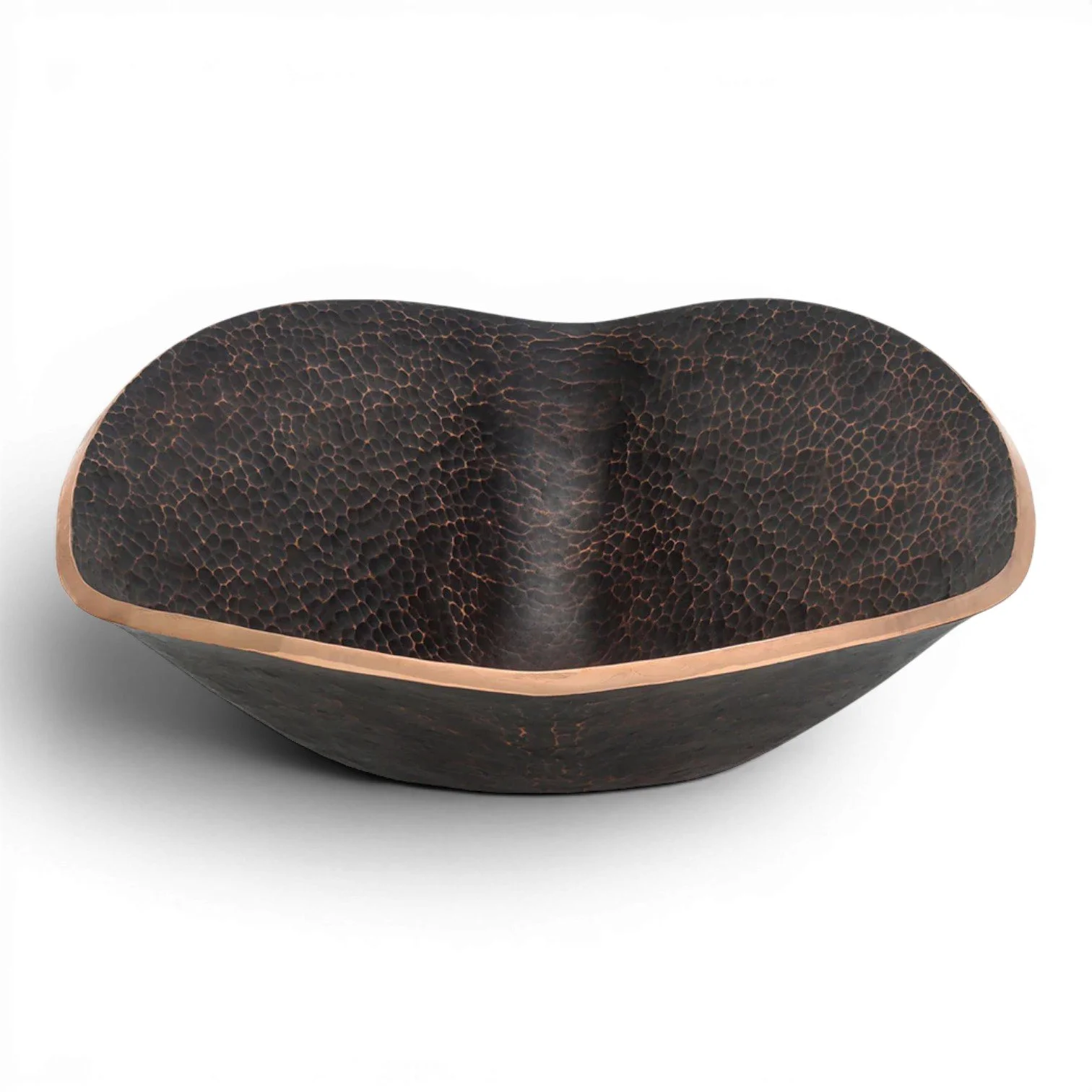 Hacienda Old World 17-inch free form shell hand forged hammered copper vessel sink with oil rubbed bronze patina.