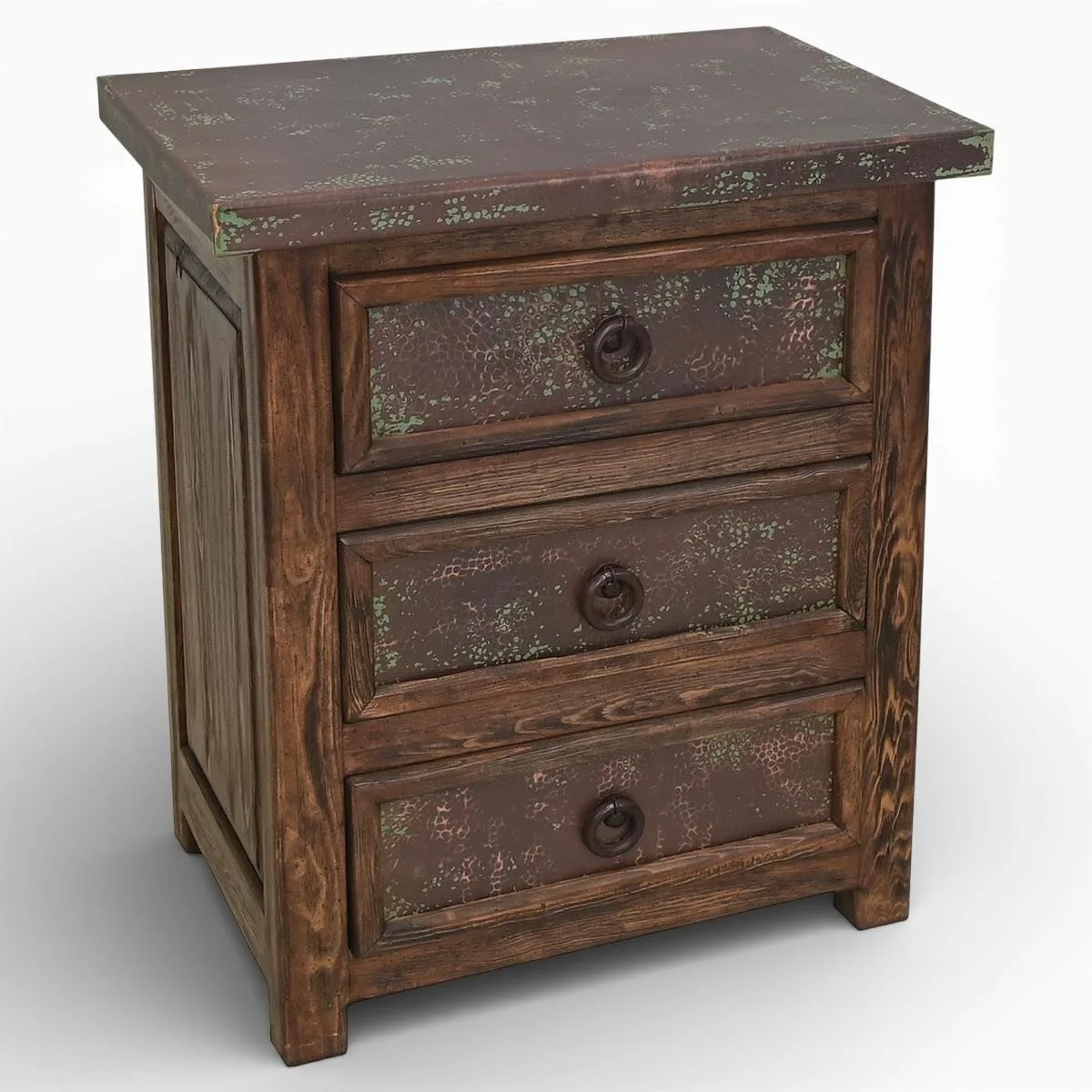 Handmade San Felipe copper nightstand with verdigris hand-pounded copper top, three drawers, solid wood frame, and iron hardware crafted in Mexico.