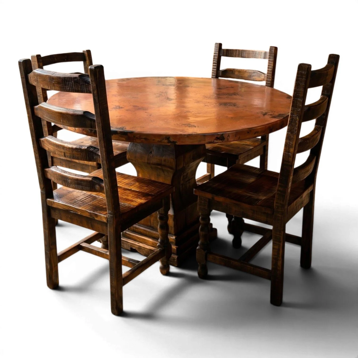 Handmade Mexican round copper dining table with hand-carved reclaimed wood pedestal base