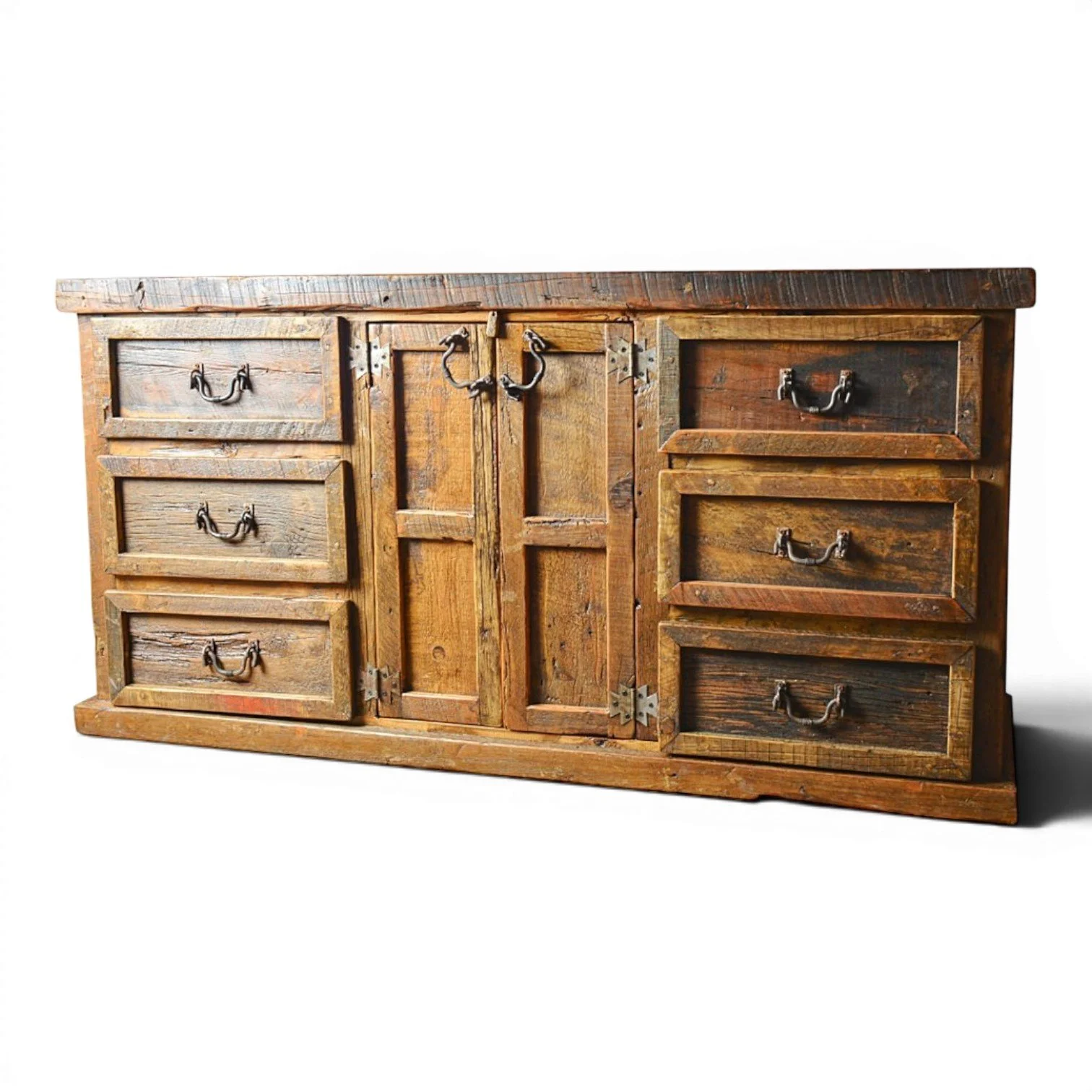 Hacienda Rústica handcrafted Mexican reclaimed wood dresser with dark stain, iron hardware, six drawers, and center doors