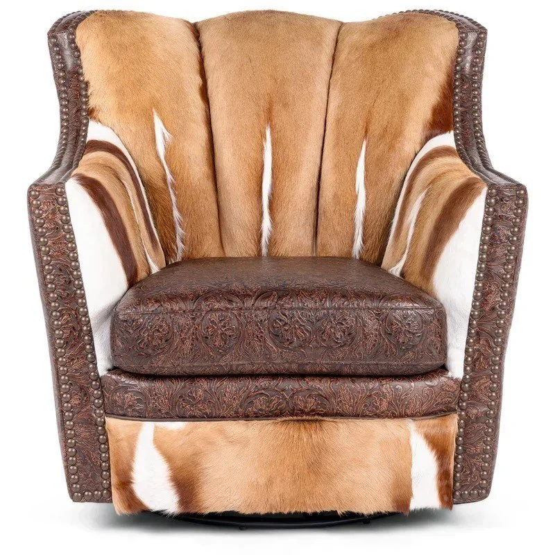 The Verona Cowhide and Leather Swivel Chair features premium top-grain leather, cowhide accents, and smooth swivel functionality for refined Western-modern luxury.