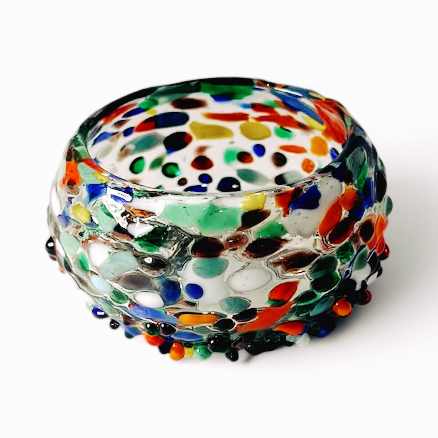 Handmade Mexican Copa de Cata para Mezcal confetti sipping glass with colorful textured artisan finish.