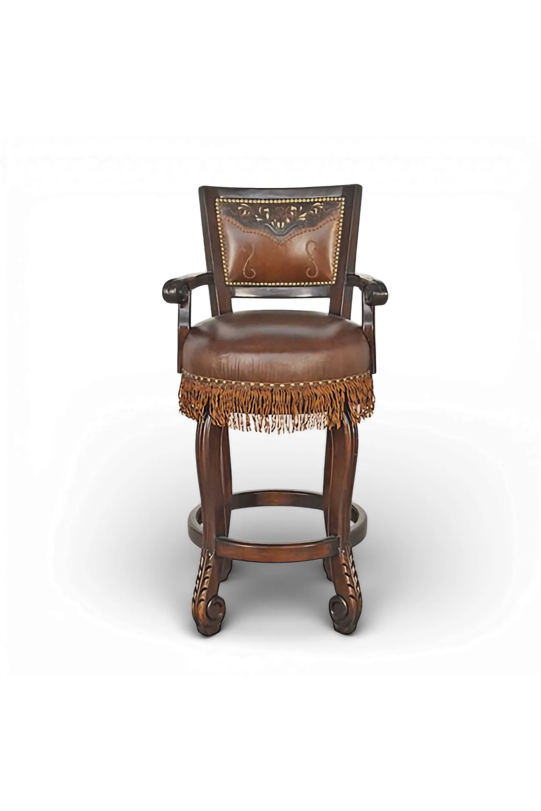 Shop a tooled leather bar stool with fringe and carved wood details. Rustic Western design with clavos accents for unique bar seating.