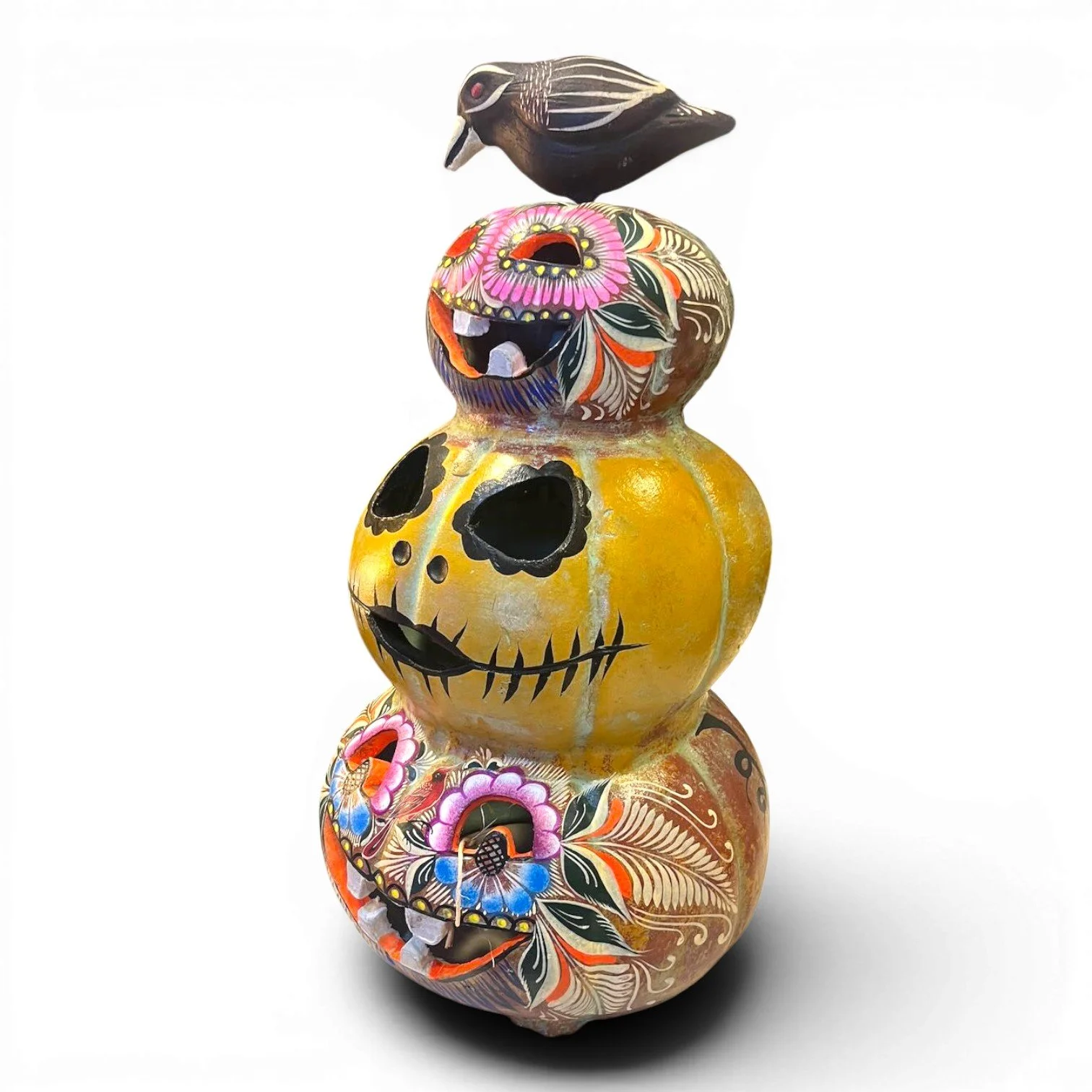 Handmade Mexican triple stacked clay jack-o’-lantern with movable black crow