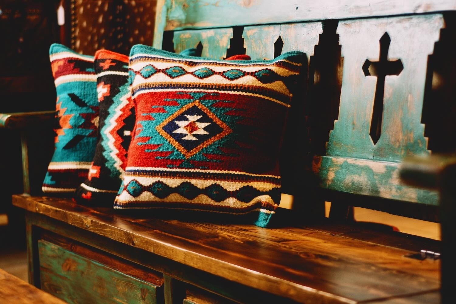Handmade Turquoise Cross Bench and Southwest Pillows