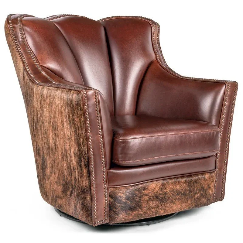 The Wild Horse Brindle Swivel Chair features premium top-grain leather, wild horse brindle finish, and smooth swivel functionality for refined Western-modern comfort.