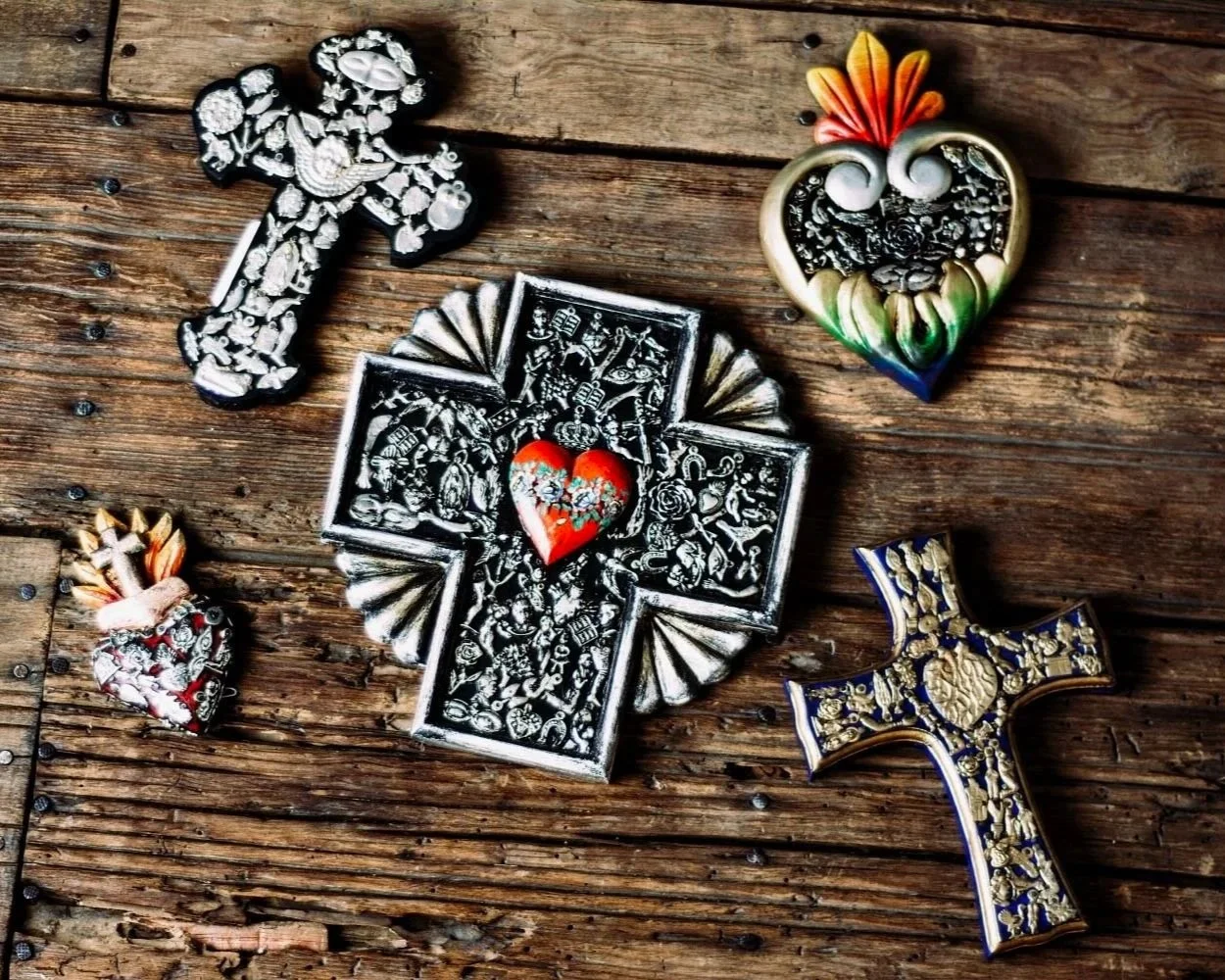 Handmade Milagros Wall Crosses & Sacred Heart from Mexico