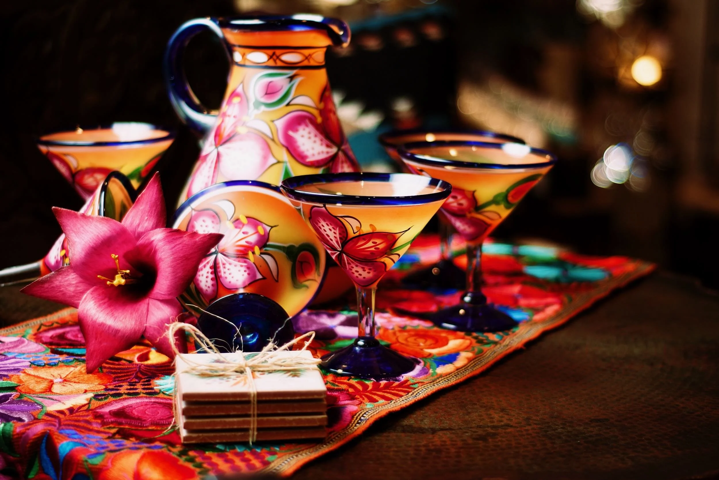 Handblown &amp; hand painted margarita glassware &amp; pitcher sets from Mexico