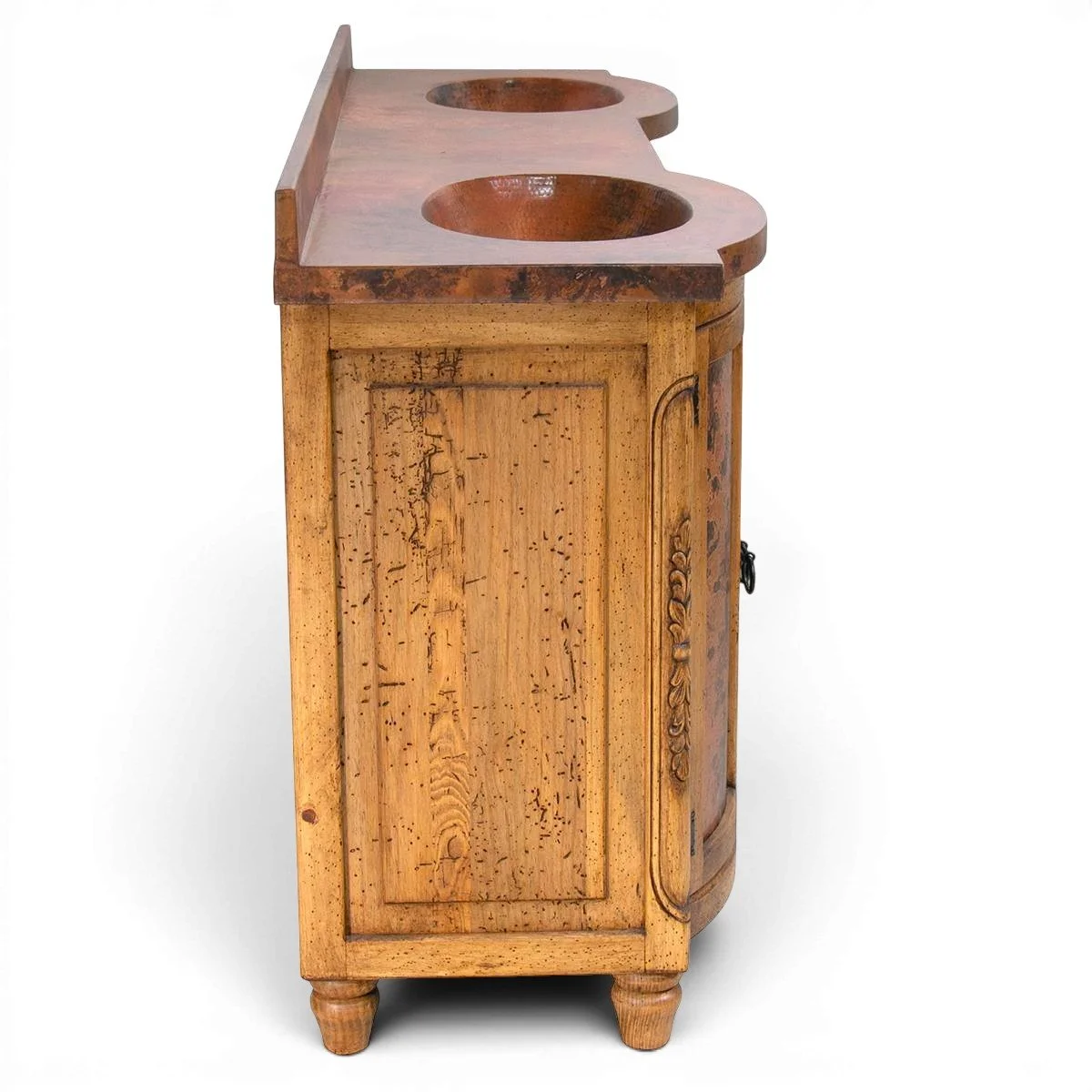 Handmade Hacienda Elegante bathroom vanity with dual hand-hammered natural copper sinks, carved wood, and iron hardware.