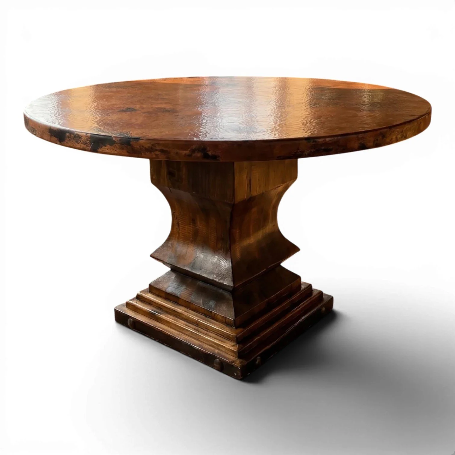Handmade Mexican round copper dining table with hand-carved reclaimed wood pedestal base