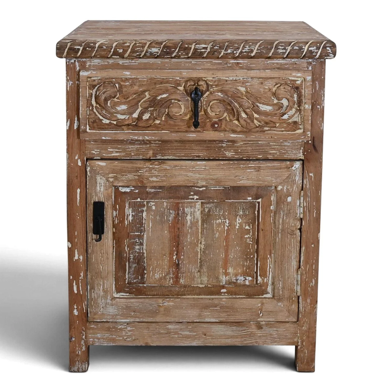 Cerro Blanco nightstand with carved rope edge top and whitewashed finish, handmade in Mexico