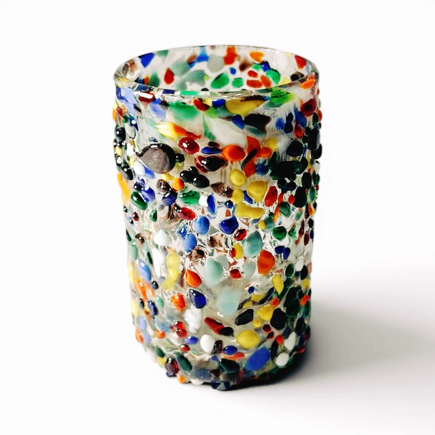 Handblown Mexican Guanajuato tall tumbler with colorful confetti glass and textured artisan finish.