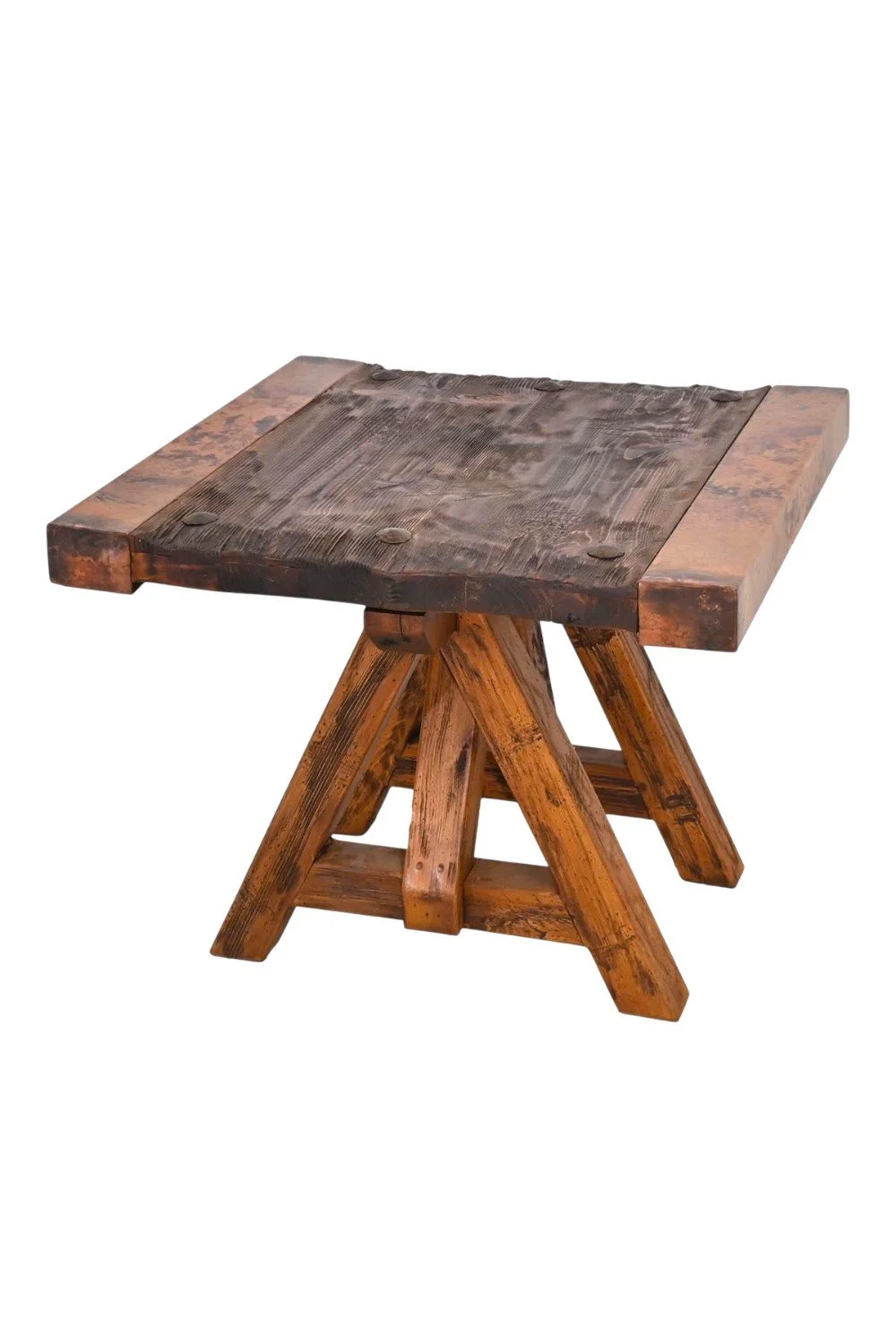 Shop the Floresville Copper Edge End Table handmade in Mexico. Reclaimed wood end table with hand-pounded copper trim and rustic artisan craftsmanship.