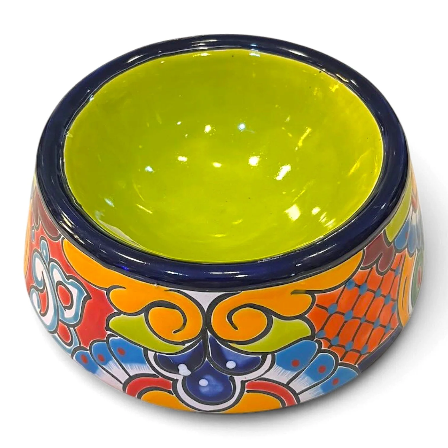 Handmade traditional round Talavera dog bowl with vibrant hand-painted design