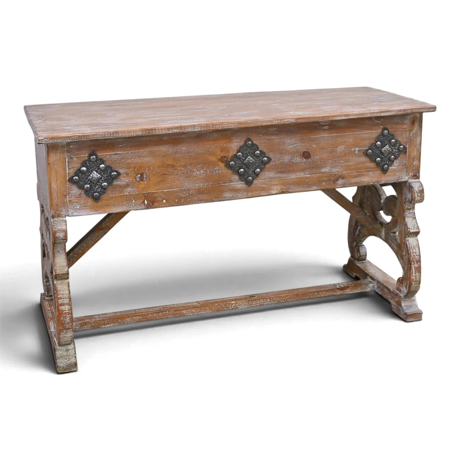 Rancho Salgado desk with whitewashed finish and iron trim, handmade in Mexico