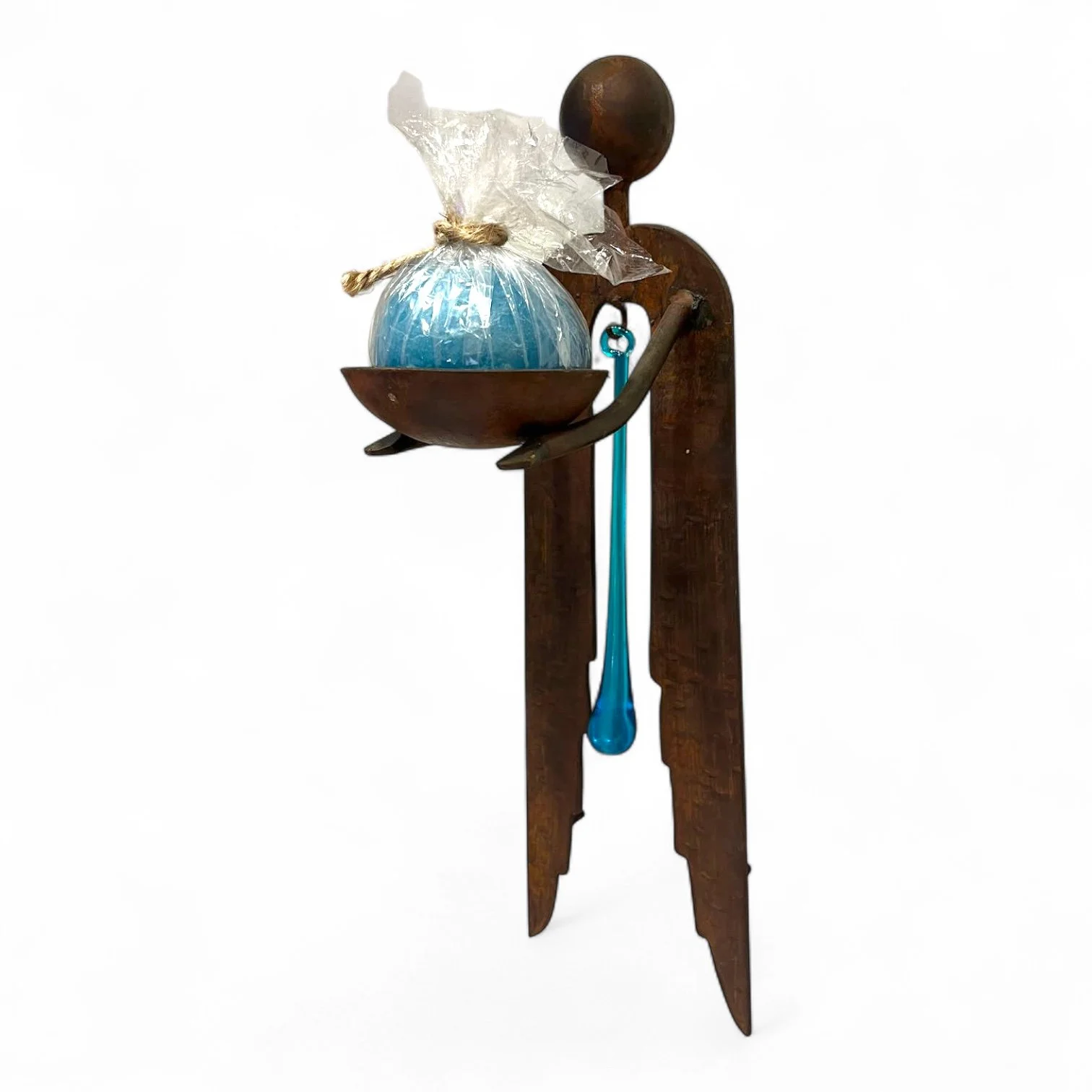 Iron Angel Candelabra with Handblown Turquoise Teardrop