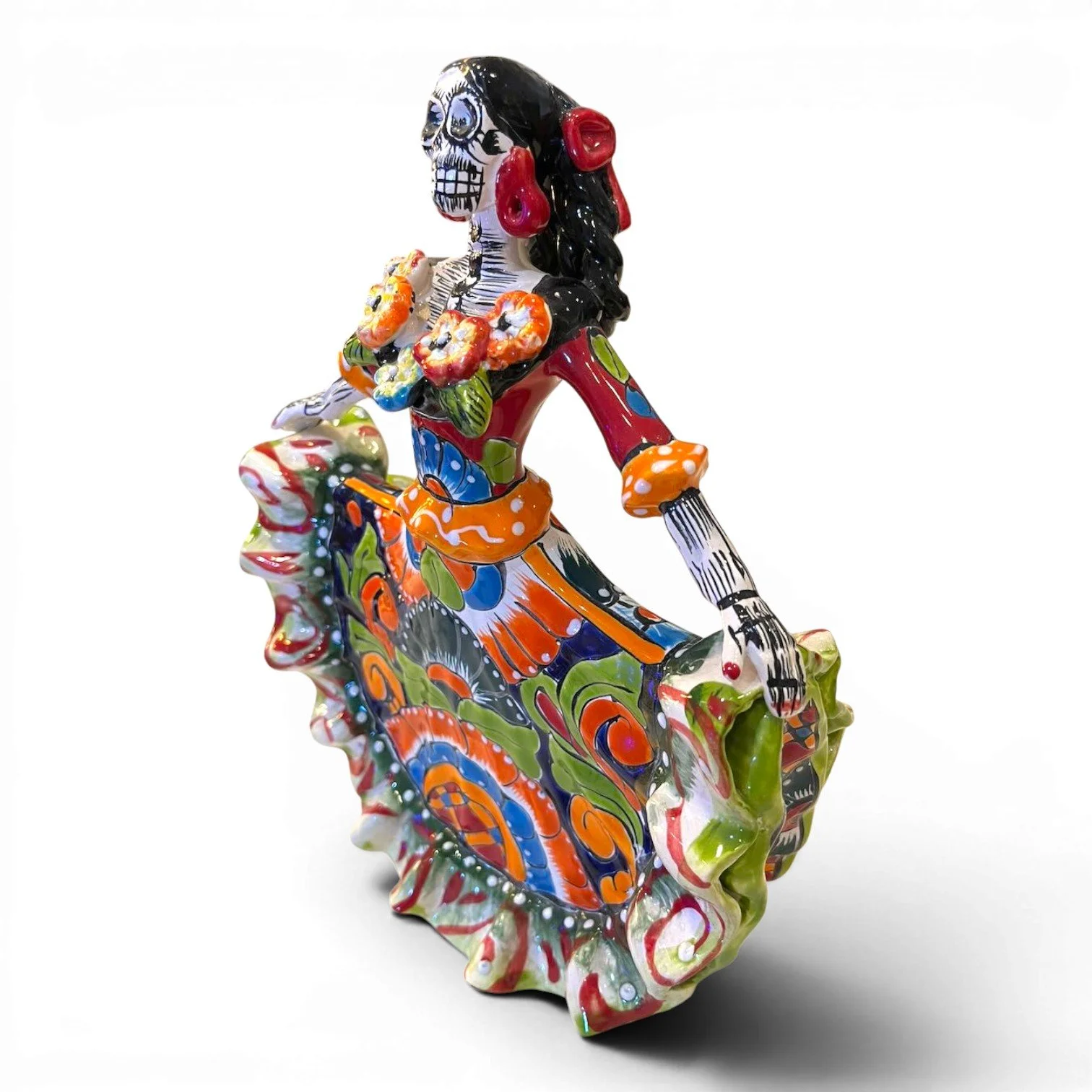 Handmade Talavera Catrina figurine with vibrant flowing dress