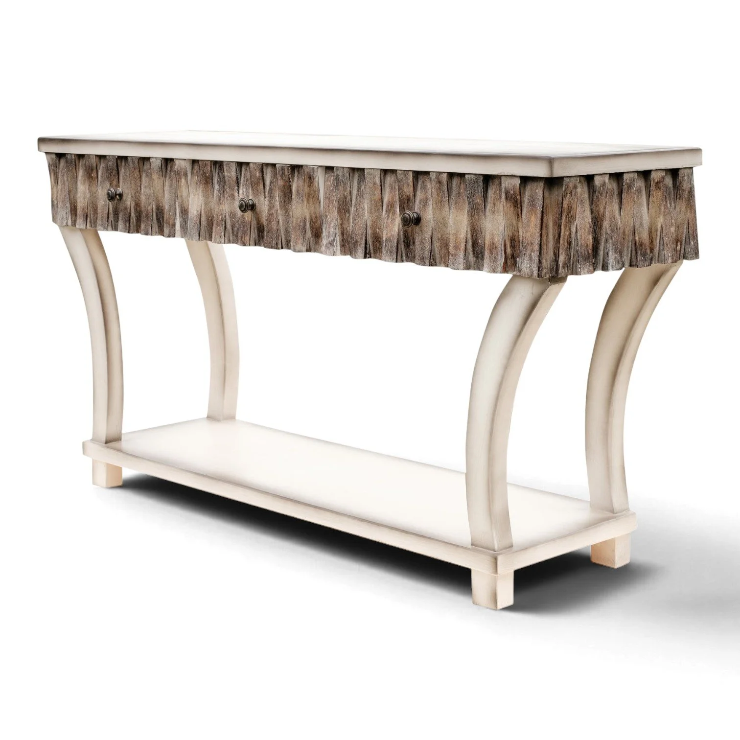 Handmade distressed white sofa table with hand-carved details and curved legs