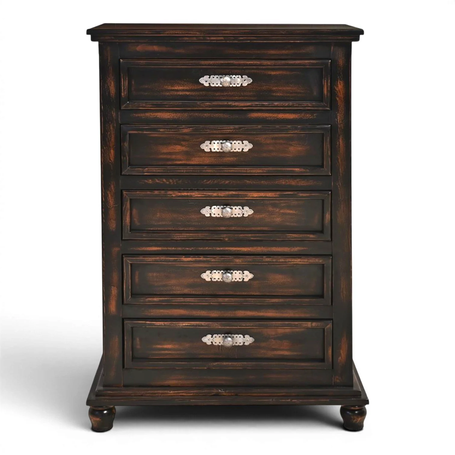 Handmade Mexican Arenas Negras chest with black washed finish and iron hardware