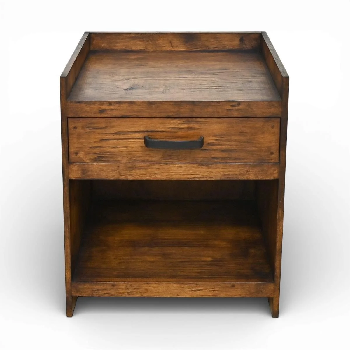 Handmade Gran Pais rustic wood nightstand with one drawer, open shelf, iron hardware, and rich dark stain crafted in Mexico.