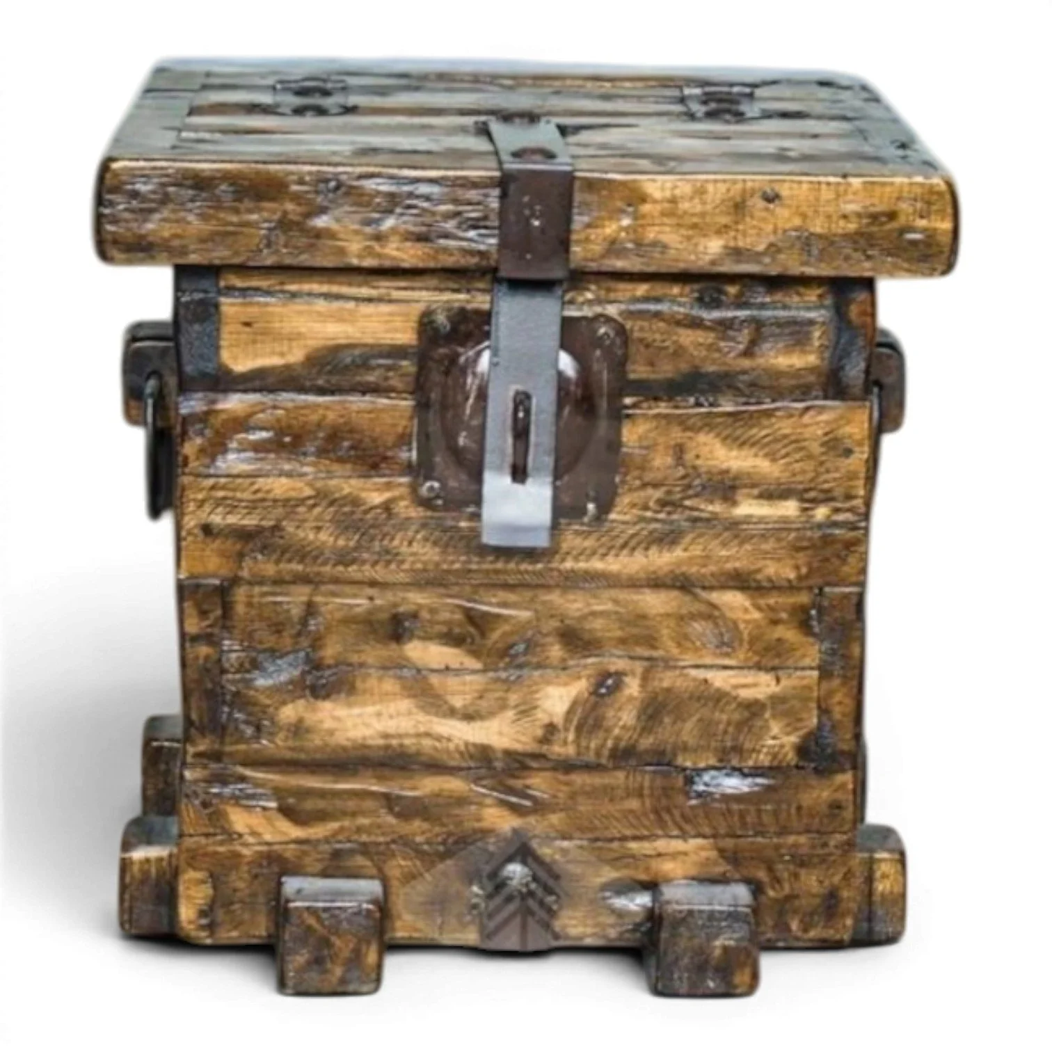 Handmade Mexican reclaimed wood end table trunk with iron clavos and rustic hardware