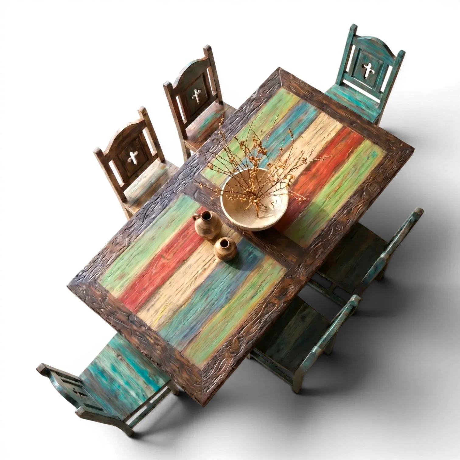 Handmade Mexican reclaimed wood dining table with hand-painted top and trestle base