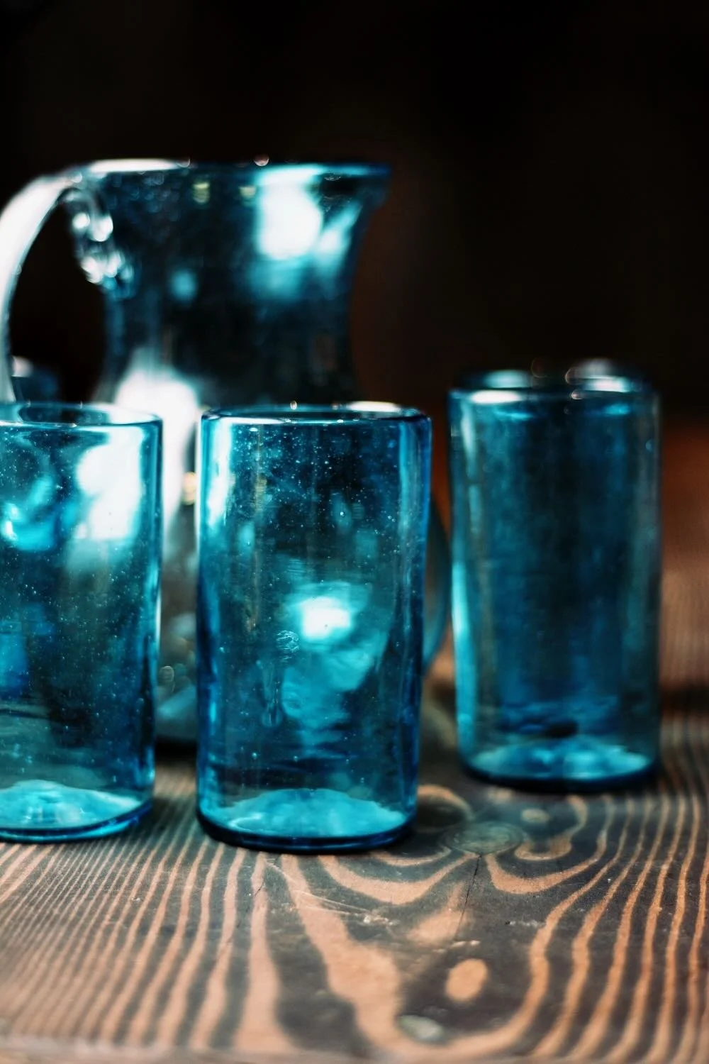 Handblown Turquoise Pitcher & Glassware Set