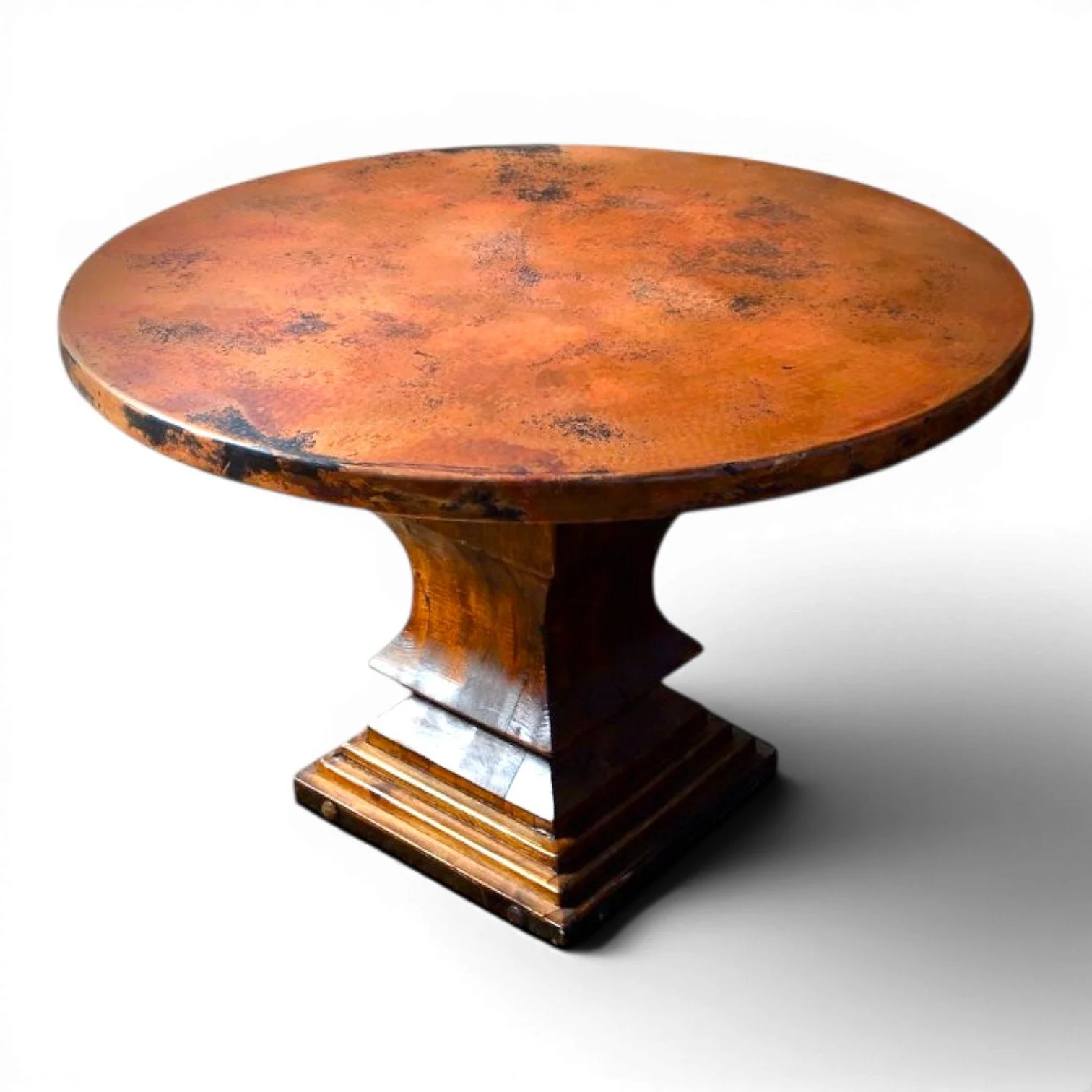Handmade Mexican round copper dining table with hand-carved reclaimed wood pedestal base