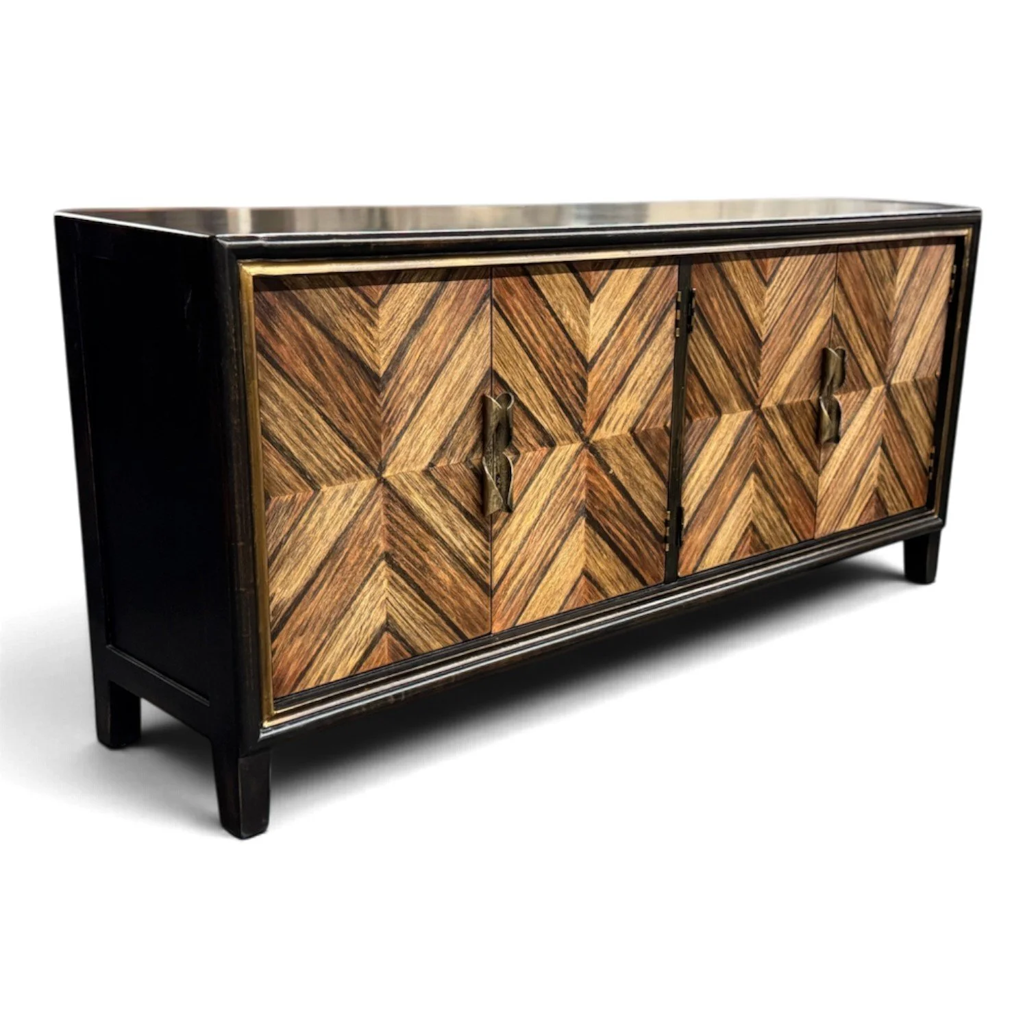 Handmade Peruvian Triana Buffet with hand-painted chevron doors, black frame, and gold accents