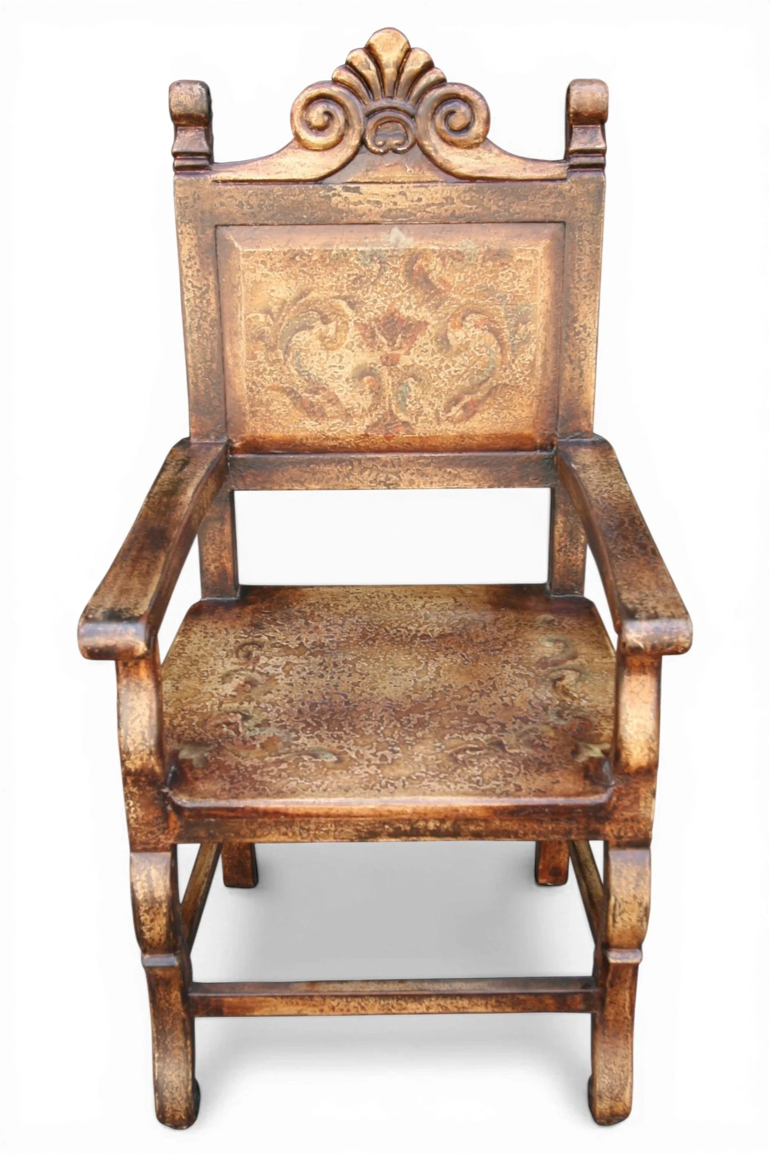 Shop a handmade arm dining chair from Peru with carved details and hand-painted finish. Old World style seating for elegant dining spaces.