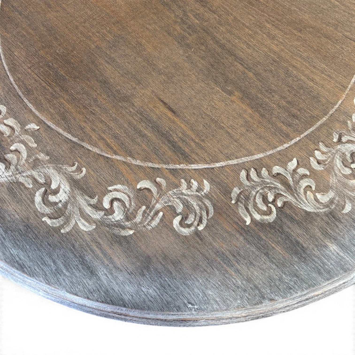 Handmade round whitewash dining table with carved pedestal base
